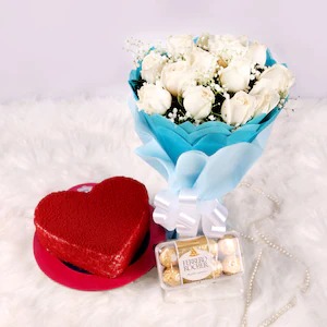 White Roses Bunch &  Red Velvet Cake With Rocher